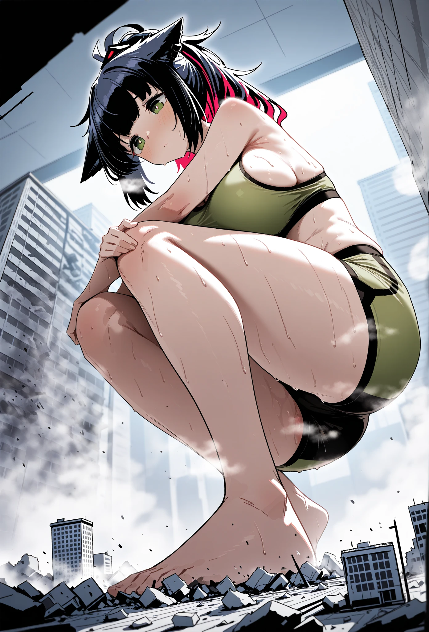 a korean woman wearing red bikini look, whose height is 10000000 kilometers, at the nano-sized miniature endless city of micro-sized endless continent world, she kneel down on top of a lot of nano-sized buildings which are much smaller than her, she feel happy and enjoy
