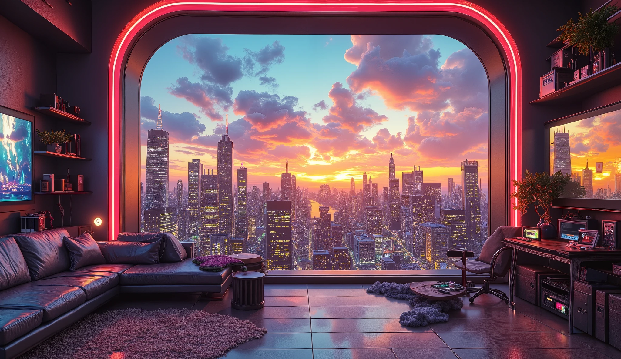 8K, ultra high resolution, hyper-realistic, cinematic lighting, photorealistic.
The year is 2400, in a high-tech cyberpunk metropolis.
A breathtaking sunset view seen through a large open window on the 200th floor of a futuristic high-rise apartment.
The skyline is filled with towering neon-lit skyscrapers, glowing windows, and animated holographic billboards.
In the far distance, the ocean sparkles as it reflects the vivid colors of the setting sun.
The sky is filled with golden-orange light, fading into deep blue above—no clouds, only clarity.
Inside the room, soft warm light falls across retro-futuristic furniture: CRT monitors, VHS tapes, wooden shelves, and flickering LED lights.
A sense of silence and serenity fills the air, as if time stands still for a moment.
The scene feels cinematic and nostalgic—like a still frame from a sci-fi masterpiece.