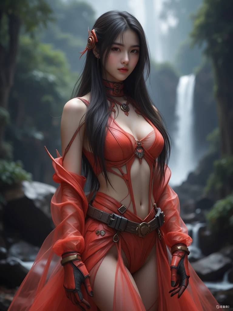 Unparalleled masterpiece, ultra-realistic 8k CG, perfect artwork, (perfect female figure)), thin waist, watch viewer, seductive posture, sexy pose, charming, clean and beautiful face, pure face, pale skin, ridiculously long hair, shiny skin, skin dentation, delicate patterns, intricate details, gorgeous, luxurious,
1 girl, solo, outdoor, big breasts, blush, naughty face, legs, realistic, skindentation, tree, forest, standing,
 , YLJ, red dress, naked, hair ornament,