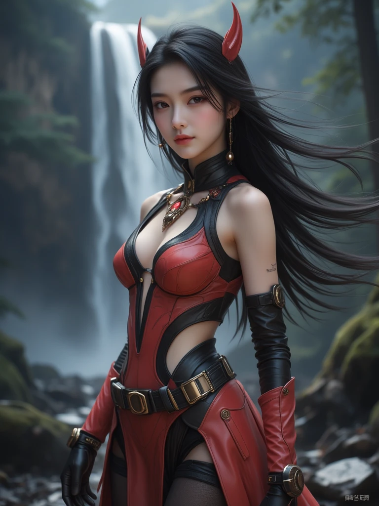 8K、1little girl,tiny chest,girl swordsman,cinematic wonder:Mortal Kombat Girl's ultra-realistic glow in Unreal Engine 5,Small cleavage、Light equipment、Jet black exterior,Black pants,red precise pattern work,Blue eyes、Equipped with one-handed sword,Creates an enchanting spectacle of strength and elegance。red earrings in ears,Even the smoky air swirling around me、Captured in stunning ultra-high definition 8K detail、It will take you to a world where myth and reality intertwine.。超A high resolution、super realistic skin、Flashy action scenes,Tall little girl,brown mohawk hair,Look at viewers,a very strong wind blows,