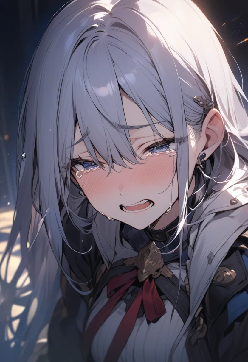 masterpiece:1.2), best quality , 独奏 ,pixiv, anime girl ,long straight white hair , black eyes ,Wearing off-white camouflage uniform ,ten years old,modern battlefield,(Eyes looking into the distance:1.3),(look away:1.5),snowy weather,dirty face,blood on forehead,dirty face,Backlight,Bare rocky peaks ,The expression is sad,leave tears,When the war situation seems to be developing for the better,,A girl wakes up from her deep sleep,She doesn't understand her own life、Not sure about the power in the body,As pure as white paper。At the same time, another soul is sleeping inside the girl's body.,it was an accident,It is also one of the waves that changes the world。Figures are smaller