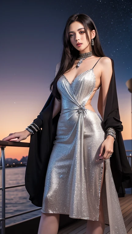 High definition, realistic, 4K quality, a vampire woman bathed in the morning sun, Dracula's wife, she is burned by the power of the light, a beautiful woman, burned by the morning sun, her long black hair carefully braided and tied up, on the terrace of a turret in a Transylvanian castle in Romania, the morning sun shines in diagonally, the girl with pure white skin covers her face with her hands to block the morning sun, she has a pained expression, she is wearing a gorgeous and glittering dress, her beautiful face and body are burning,