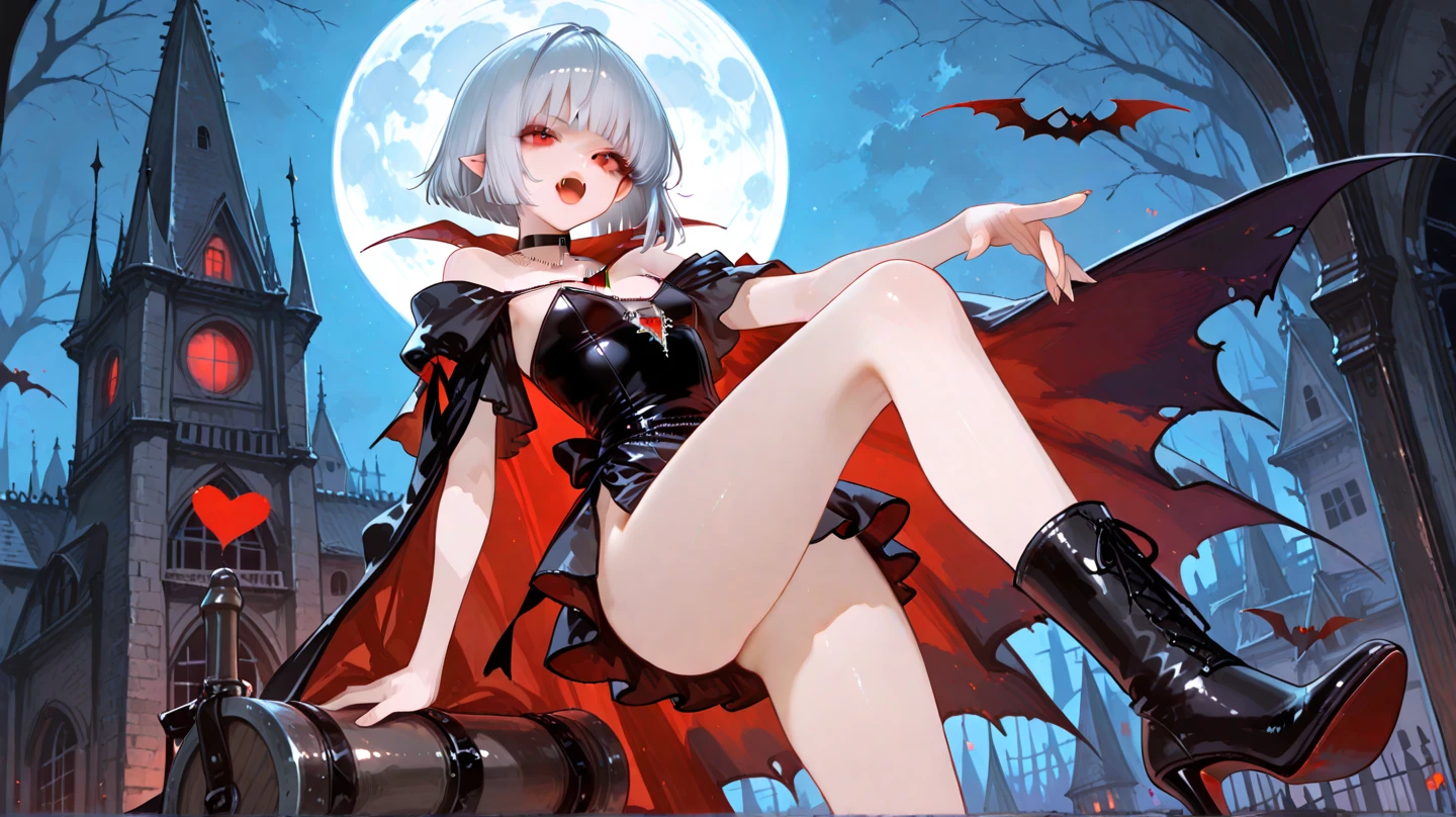 silber hair、red eyes、One Vampire Girl、独奏、animesque、doress、a miniskirt、a moon、蝙蝠の羽、A sexy