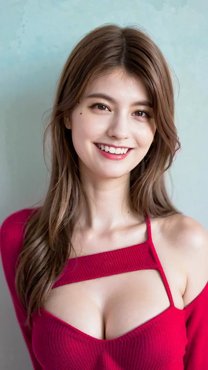 Masterpiece, Best quality, 8k, 18 years old, Raw photo, absurd, Award-winning portrait, smile, smile, pure, German, red ((ombre)) dress, huge breast, detailed background