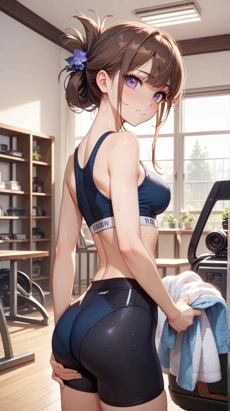 tosen jordan \(umamusume\) in sexy mini shorts and sports bra, crouched deadlifting with a bar with her back facing a gym mirror, sweating, High Resulution, UHD, detailed image.