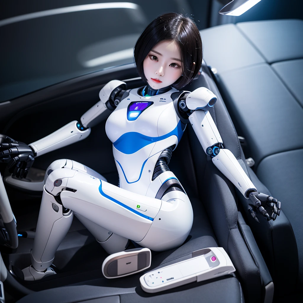detailed face、detailed facial expressions、detailed hair、detailed arms、detailed legs、detailed hand fingers、Detailed toes、detailed crotch、Female space fighter pilot、Beauty、small face、middle eastern asian、A three-dimensional face that looks like a sculpture、double eyelid、Nasal muscles are high、Three-dimensional lips、Looking straight ahead and smiling slightly、short hair、Beige hair、eight-headed body、slender、big breasts、small buttocks、long arms and legs、肌のLight pigment、Tight and moisturized skin、The mucous membrane is pale in color、Light pigment、Translucent skin、(((Tight bodysuit and tight shorts in gunmetal color)))、A wireless earphone and microphone set that you can just wear over your ears.、gloves、boots、Space Opera、Sit half-lying in the cockpit of a space fighter with your legs spread apart.、mechanical、Shot from directly in front、