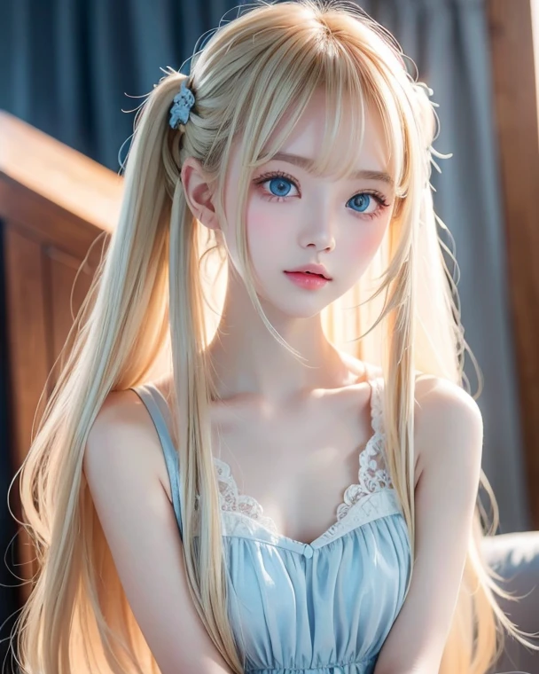 ((Glossy blonde hair and dazzling glossy hair))、A lovely little beautiful face of 15 years old、Bright expression、ponytail、A cute face that suits you、Long, lustrous bangs dancing in front of her pretty face between her eyes、bangs that hide the face、(Very beautiful super long straight silky hair),Sexy cute young woman、Very big eyes、Sparkling, light, pale blue eyes、Small Face Beauty、Round face、White skin、Glowing Skin、Cheek gloss、Gloss Face、Young face、Lolita Face、