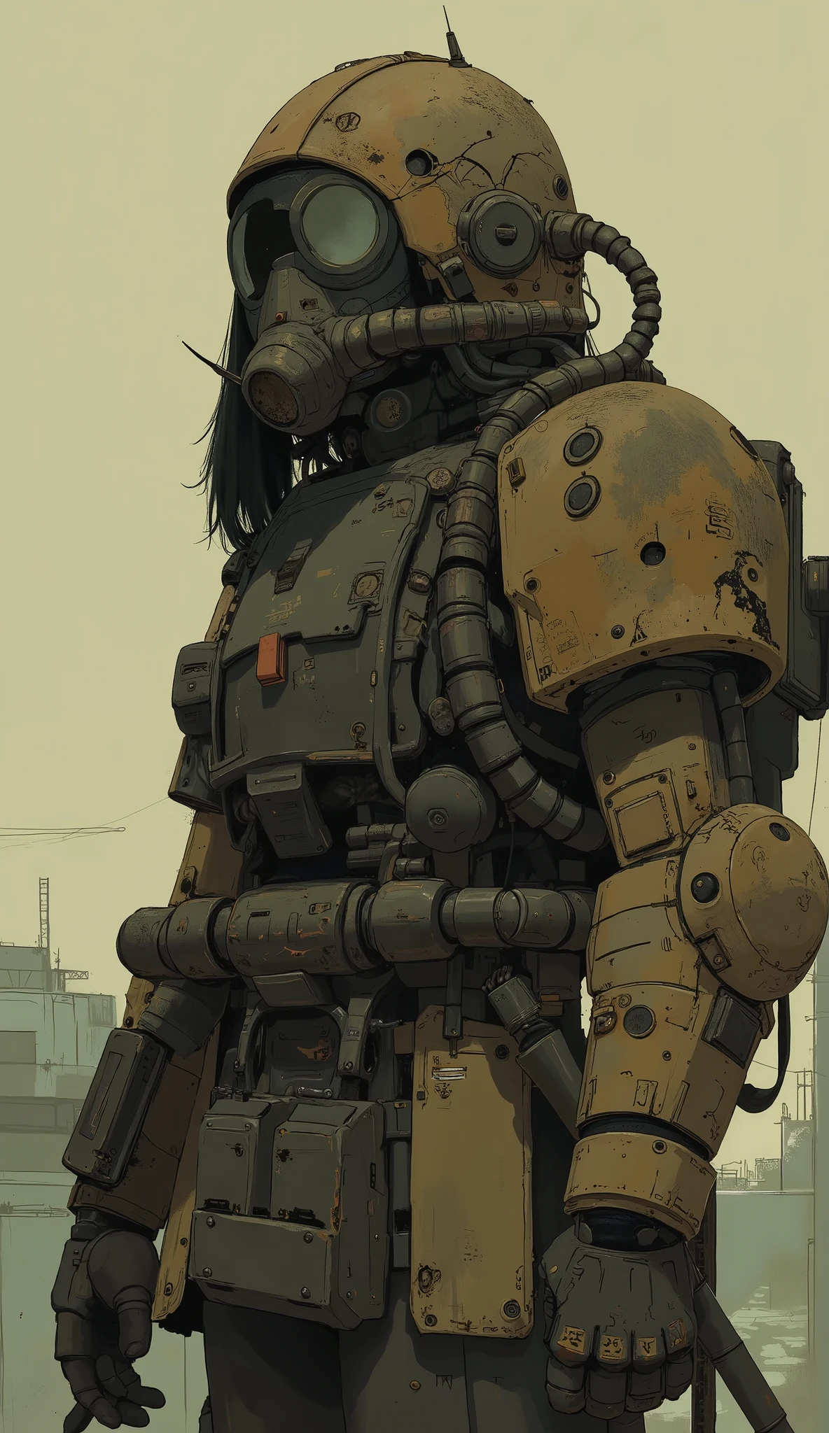 Zaku、The image shows a person in heavy clothing, protective clothing, suggests an apocalyptic or tactical theme. The person wears a gas mask with a prominent circular filter, It covers the face 、damaged shield engraved with the letters. their helmets and armor worn and damaged, suggests use in harsh environments. The uniform is mostly brown and yellow, textures and dirt indicating exposure to weathering or rain. has numerous pouches and packs attached to the chest and waist, showing the need for preparation and carrying essential equipment. the person holds a rifle in one hand, the barrel is pointing slightly downward, Show readiness for action. showing preparation for action, They have big , on the other hand increasing anonymity "" The , further emphasizes the theme of defense and survival. The overall appearance conveys resilience, Strength, and may suggest melancholy or loneliness in an unforgiving world.