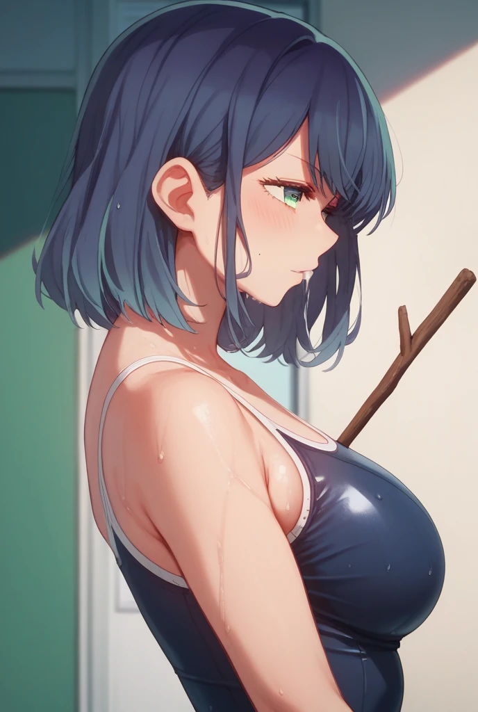 masterpiece, best quality, ultra-detailed, illustration,1girl,
long hair, dark blue hair,
medium breast, side tie bikini, excited, hinata/(boruto/)