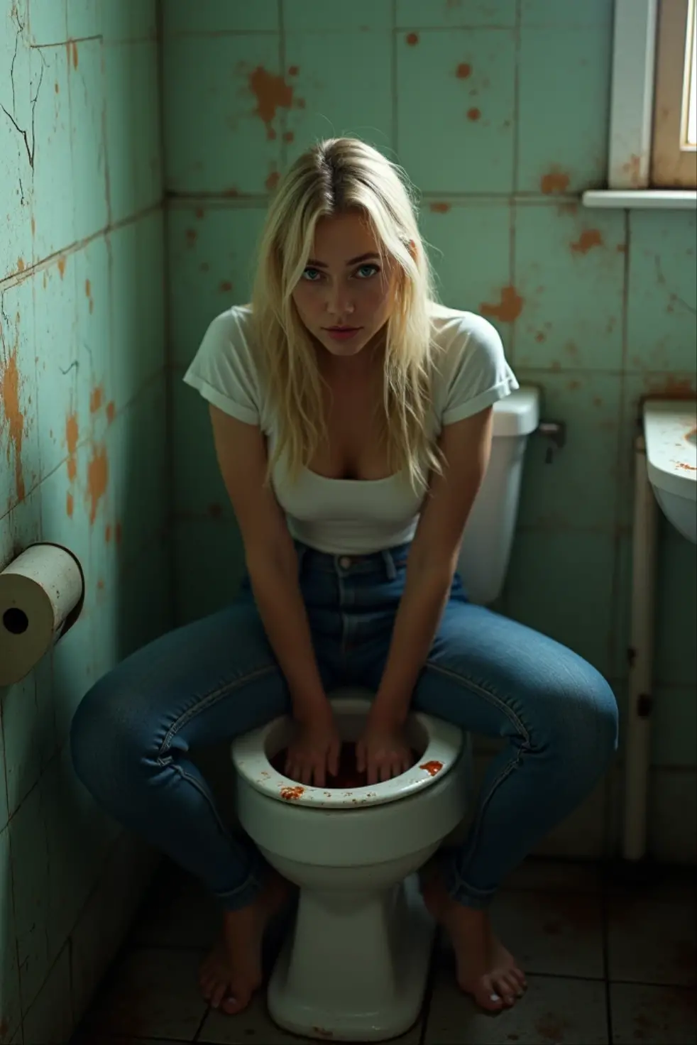 (Old public toilet)blonde white woman.Wear skinny jeans that fit your body and a short-sleeved T-shirt that fits your body well...squat on the toilet.very big breasts.very big breasts.jib.((8k)).A woman sits on a toilet and pulls down her pants..With a surprised expression. A woman holds a bathroom door with her left hand and tries to close it.