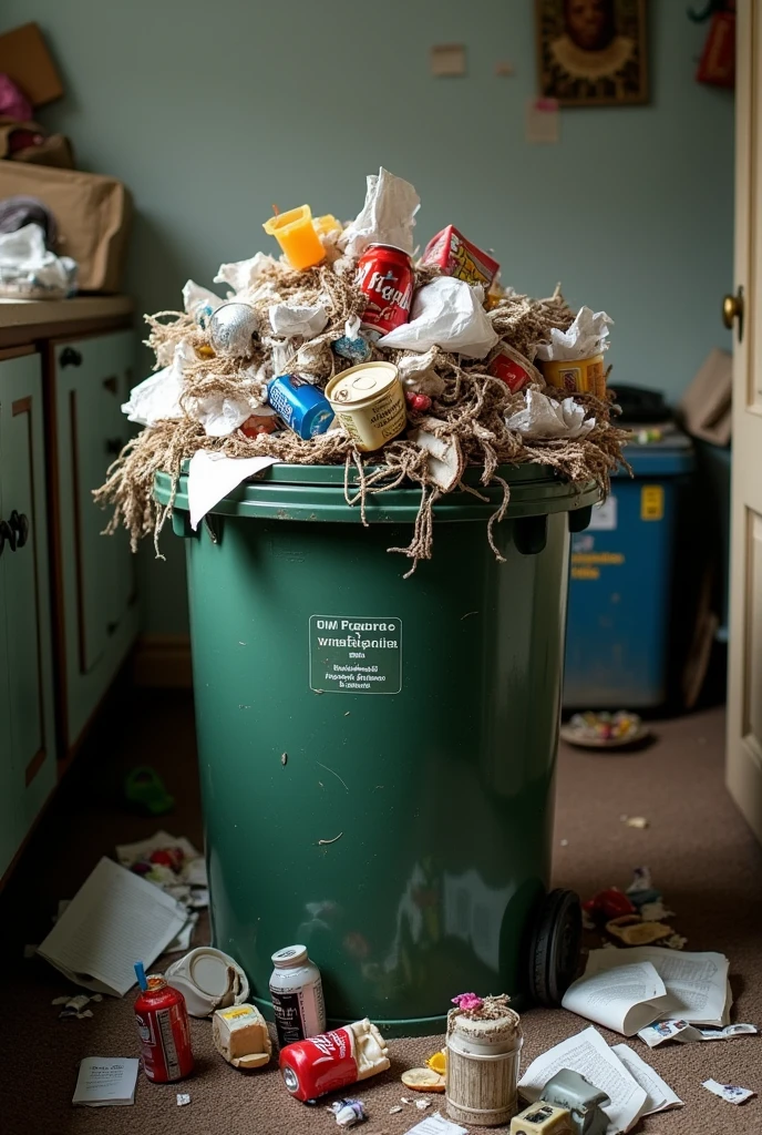 clutter, trash, glass bottle, tools, coffee beans, electronics, canned food, bottle, pile of canned food, plastic bags, cardboard boxes, clutter, trash, messy storage, various items, detailed, concrete floor, dead mouse, belly up