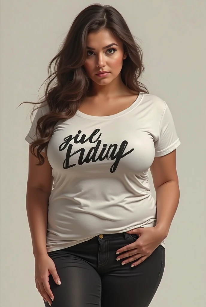 Photo of a 20 year old brunette woman. face facing the camera. ((The body is visible all the way up to the thighs)). (front look. Real life big mom. Stand straight facing the camera), head straight. looking at the camera. (full visible up to your thighs). que tiene una cara muy natural, labios finos, Ojos delgados, cejas finas, nariz delgada, Pendientes, long eyeslashes. (t-shirt and skirt). (very long hair down to the thighs). Perfect breast. Ponytail.