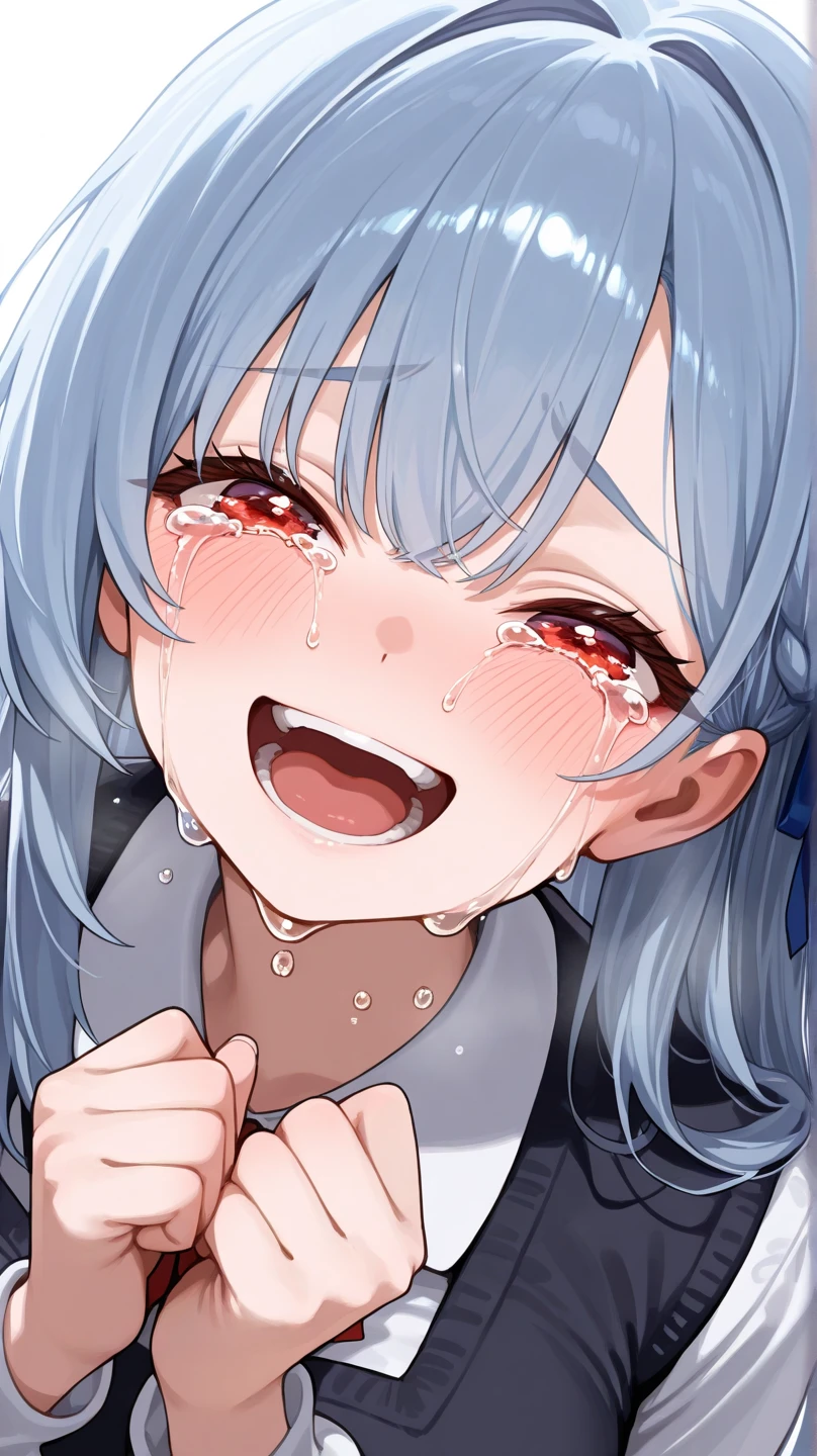 [1girl, Izumi Sagiri, eromanga sensei], beautiful detailed eyes, Blue eyes, (half-closed eyes), (opened mouth), nsfw, curvy, Slender, (close-up mouth), Highest quality, Super detailed, masterpiece, Ultra-high resolution, 8k, Embarrassing, blush, Lovely, Close one eye, (With tears in her eyes and her mouth open), Sticky saliva