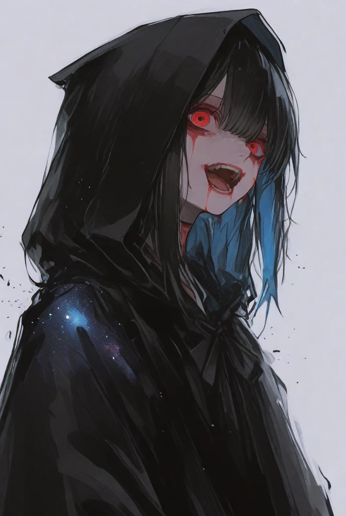 Dark Focus ,(((horror art:1.5, terrorism, creepy:1.5, the whole body is covered in blood,,,,,,, blood eyes:1.5、Return blood:1.5)))、 (Dark gradient watercolor :1.5, Lens Flare:1.5 , Glitter :1.5),full body Esbian、monstergirl、Glow , Dreamy , Dark background、Grid illusion, Colorful, girl、(((Ruin background:1.5,Psychic in the background:1.5))),((extremely detailed eye:1.5)),{{{Ultra 8K resolution}}},((masutepiece, of the highest quality, Beautiful and aesthetic: 1.2)),{{hyper detailed masterpiece: 1.7}}, {{Cinematic lighting}},(The hair Transparency:1.5),(dark hue:1.5,Dark Tone,Big aurora borealis background in the dark:1.5、The Darkness:1.5,Cold reflection:1.5,Object edges are reflected in purple:1.5) 、(Golden ratio: 1.2), (Full body: 1.2), (Super Detail: 1.3), (girl with: 1.3), (Fractal Art: 1.3), {{{Glitter Pupil:1.25}}}) , ((Half purple and half black cat hair:1.5,Shiny hair: 1.2)), (Heterochromia), (full body Esbian), (Hyper-detailing), ((delicate detail)), (intricate-detail), ((Cinematic Light, Highest quality backlight)), High contrast, {{{The best lighting, Very delicate and beautiful}}}, (( Cinematic Light)), (ray trace reflection, Glow), (((glowing aura)), {{{Glowing hair:1.25}}}, ((Super Detail)), (8K)), ((a closeup)), ((Brown skin)), ((Seductive smile)) ,((high angle full body shot)), (Full body:1.2)