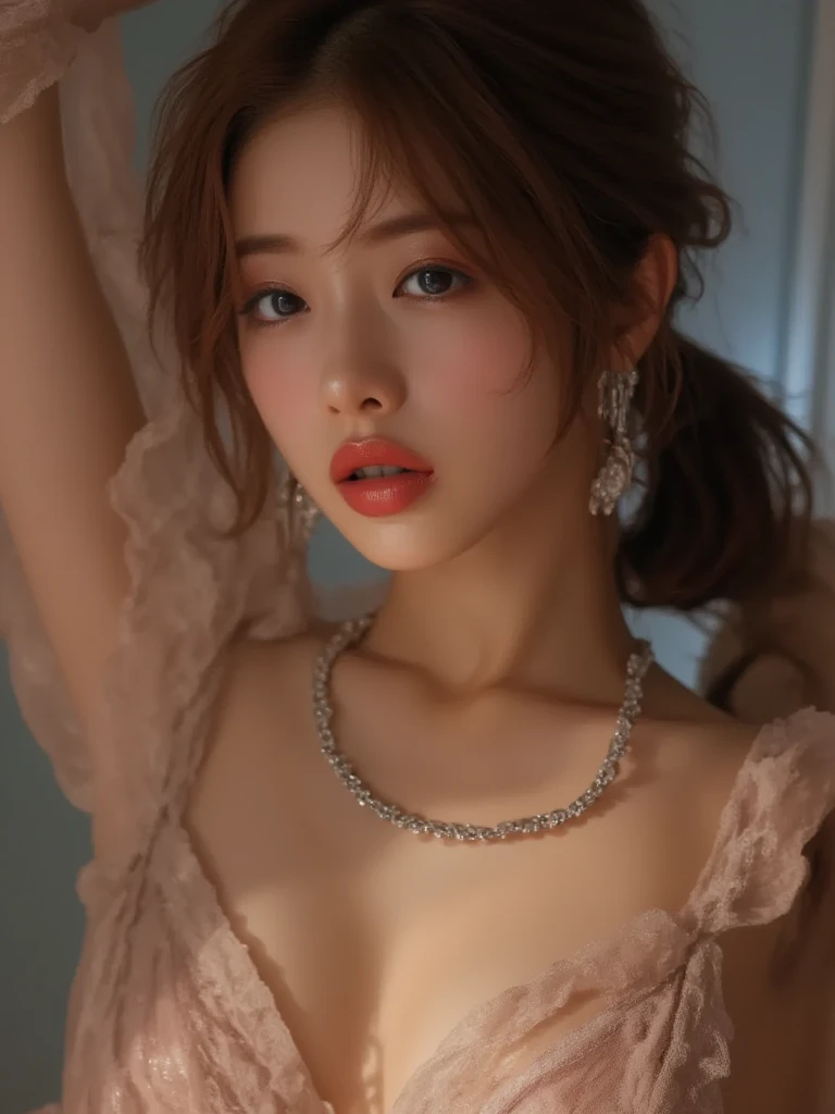 Western-style building, 1 female, Beautiful Japanese actresses, Age 25, Double Eyes,mile, Detailed face, Big earrings，Large Necklace, Flashy makeup using red eyeshadow，light brown delicate middle cut hair，the tips of the hair are wavy，Classy hairstyle，fine grain,Slender actress, Sexy silk embroidered mermaid dress:1.2, Look at her big breasts and cleavage, Sit in a luxurious chair, Hunchback, BREAK ceremony,((masturbate violently:1.5)), ((Random sexy poses、put in、Deep joy, Ecstatic eyes:1.2)), ((I close my eyes and breathe hard:1.2))、Ecstatic face、Climax expression, Through clenched teeth、My whole body is convulsing、Official Art，非常に詳細な CG Unity 8K 壁紙, (masterpiece:1.0),(Highest quality:1.0), photo shoot, 8K, Browsing Caution, High resolution, Kodak Portrait 400, Film Grain, Lens flare brilliance,(Upper Body:1.3), (Leaning forward:1.6), (Very low camera angle:1.6)