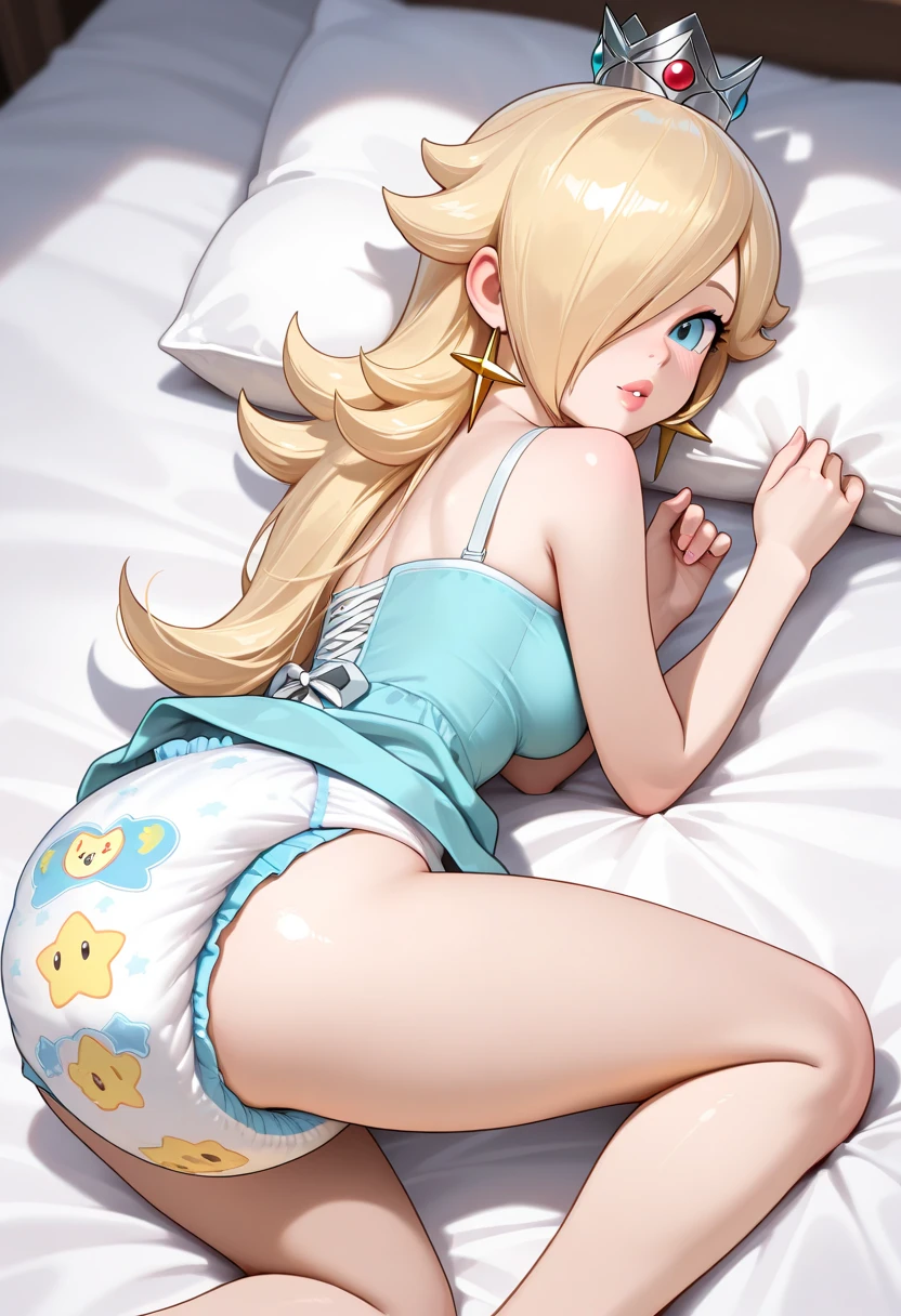 Rosalina in underwear, lying on a bed in a sexy position, and her face is flushed