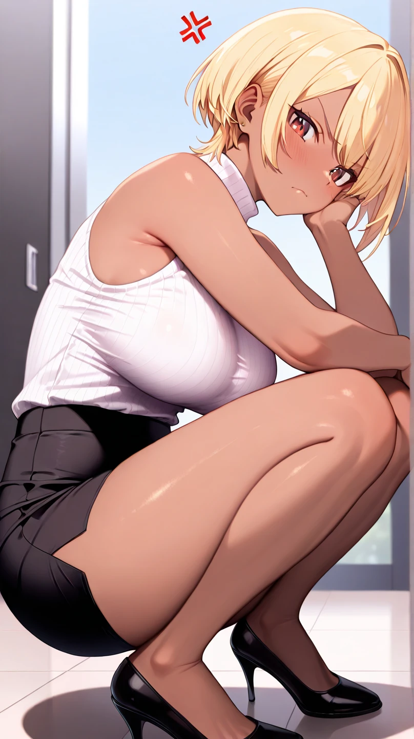 (Masterpiece), Sharp Image, full body, standing straight, she looks down at the viewer from above, perspective view from below, perfect anatomy, perfect hands, A white mature woman with blonde hair, short hair, messy hair (best quality), Ultra resolution, professional art, ultra detailed, perfect lighting, athletic body, strong and muscular, small perky breasts, tight long pencil skirt, white pencil skirt, expression seductive, female focus, (NSFW), in fighting position, blue eyes, smiles, yellow high heels, sexy toned legs, thigh straps