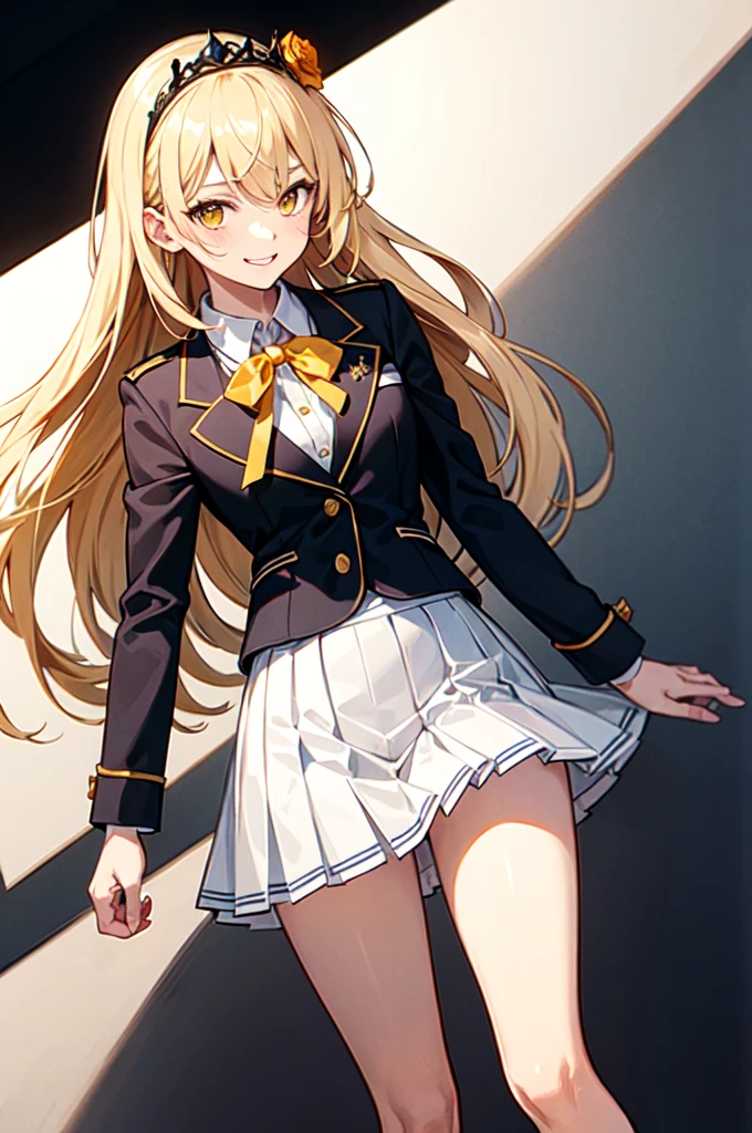8K、1 girl, five fingers, mini skirt, looking down at the viewer, Blonde long twintails, highest quality, thigh focus, dynamic pose, smile, blazer, blouse, black pantyhose, panties under pantyhose, standing split, from directly below, show off、buckshot