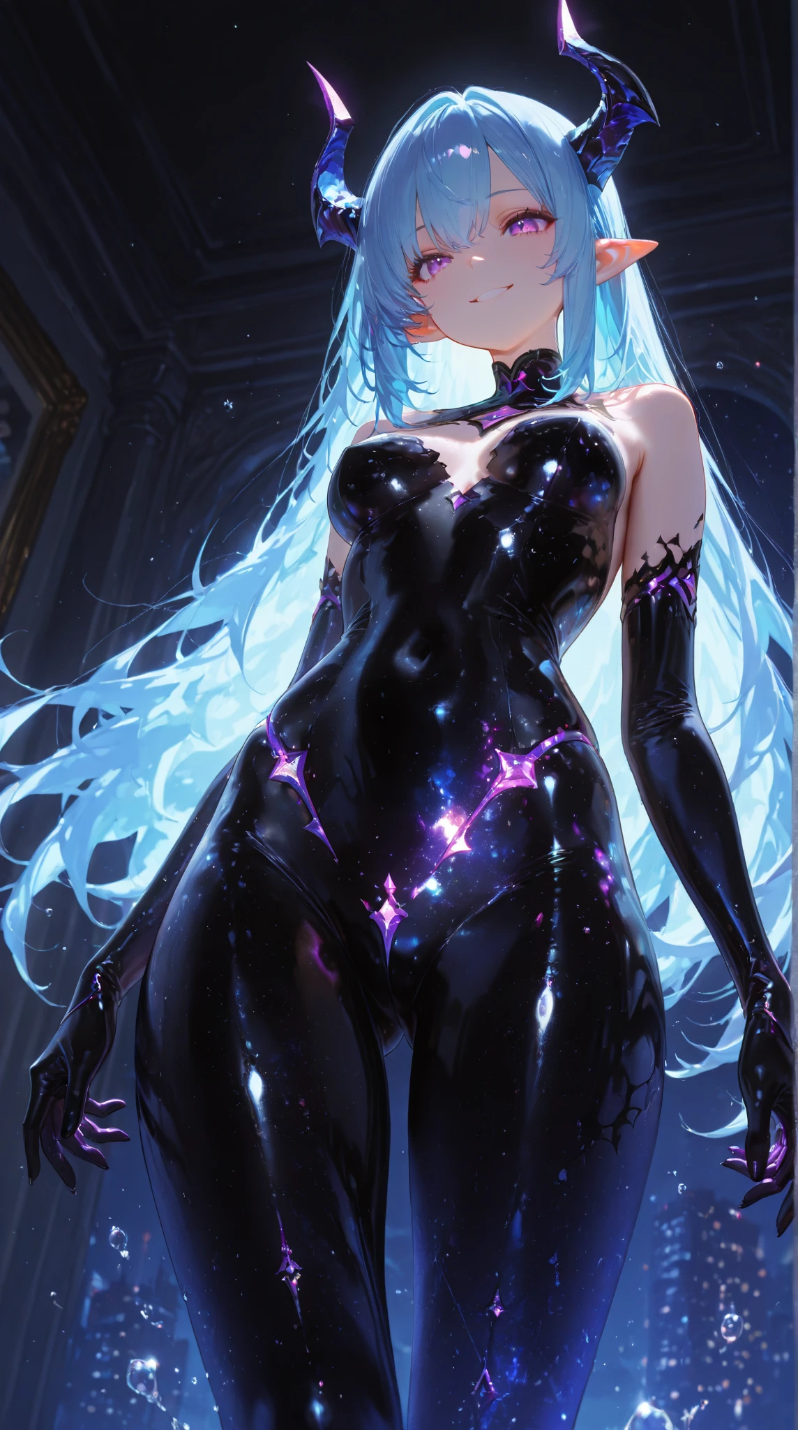 (masterpiece), best quality, expressive eyes, perfect face, Girl,long dark iridescent hair, iridescent eyes, small waist, medium chest, large thighs,body stockings