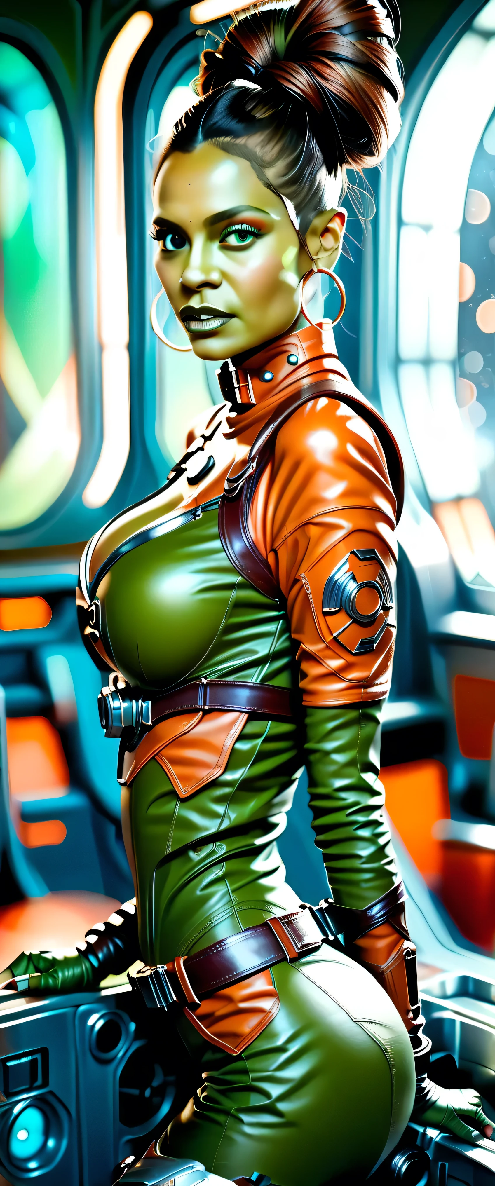 NSFW,Big Breasts,Crotch crack,A woman stands in front of a group of robots,Realistic anime, Steampunk, synthesis, Beautiful android woman, Stormy epic war scenes, Inspired by Richard Avedon, ,Black,skin,Dieselpunk Policewoman, Redhead woman, Girl in suit, Complex fashion clothing, Beautiful female soldier,Trousers half removed,Slipped pants,Micro Lingerie,blush,Surprised,,