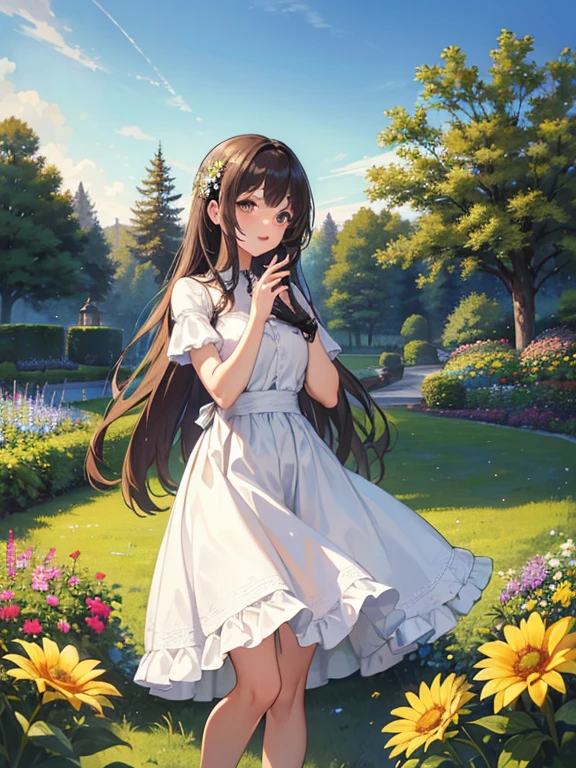 top-quality、Masterpiece、A nostalgic flower garden
Female Flower々Stand in a large flower garden surrounded by。A vintage-style dress flutters in the wind、The camera captures her from a low angle.、Describes the joy of being one with nature。