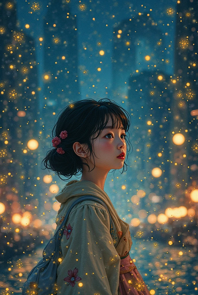 (best quality,masterpiece:1.2), Soft focus, Bright gradient watercolor, Dreamy, White background, Girl, Kyoto shops.