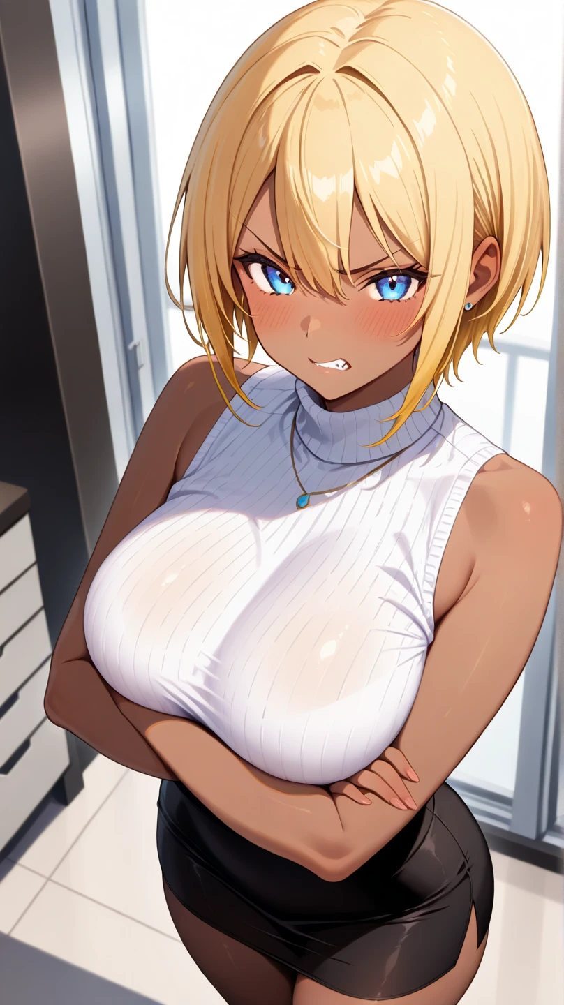masterpiece, best quality, ultra-detailed, illustration,masterpiece, best quality, highres, and18, 1girl, android 18, solo, blonde hair, blue eyes, belt, jeans, pearl_necklace, bracelet, black gloves, white shirt, short hair, short sleeves, earrings, blue pants, open vest, black vest, large breasts, tight clothes,wide thighs ,(1girl),beautiful detailed eyes, looking at viewer, leaning toward, (breast focus), (hands on hip:1.2), (from above:1.1), light hair, (huge breasts),(breasts out:1.3),open clothes,(show tits),nipples