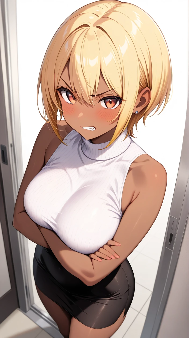 masterpiece, best quality, very aesthetic, absurdres,1girl, ,blue_mary(fatal_fury), snk, the_king_of_fighters, 1girl, bare_shoulders, blonde_hair, blue_eyes, short_hair, bob_cut, sweat,crop_top, fingerless_gloves, large_breasts, midriff, navel, red sleeveless_turtleneck, blue denim pants, belt,1girl,upper body, (contempt, disgust,shaded face,looking at viewer,frown),heart-shaped gesture,,in office,,floating_clothes