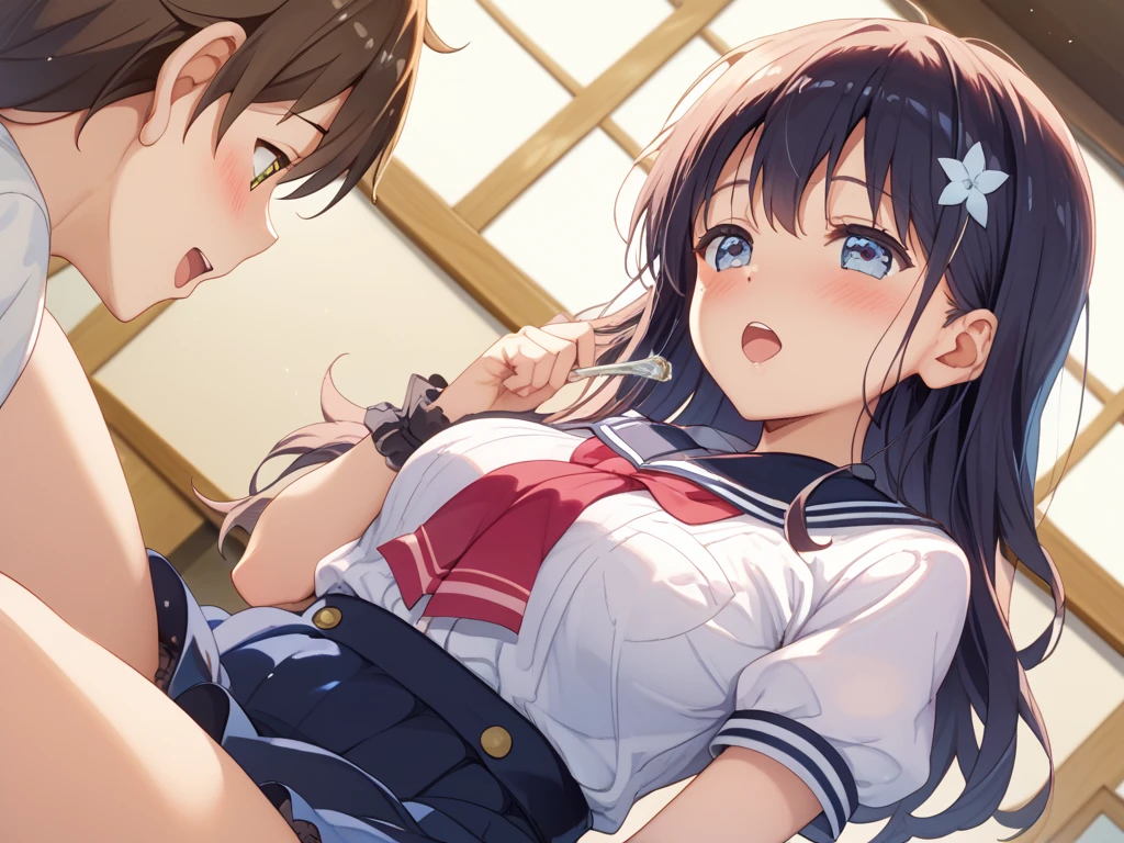 (1 boy, 1 girl), a teenage school girl in mixed bondage wrestling with a teenage boy, they are roughly the same age, the school girl is wearing a red pleaded careered skirt and a black pullover, the girl has a is a bit smaller than the boy, the girl has shoulder long hair, the boy is wearing casual clothes, teenage boy hogtied and struggling against the ropes, school girl applying more ropes to the teenage boys body, blushing boy dominated and controlled by the girl, the girl is smiling and laughing and tries to humiliate the teenage boy, the teenage boy is blushing and ashamed and is gritting his teeth, he desperately tries to break free but to no avail, the girl is sitting on top of the teenage boy to prevent him from moving and has ropes in her hands and uses them to tie up the arms of the teenage boy behind his back,the arms of the teenage boy are completely tied behind his back in lots of ropes, the teenage boy looks very embarrased and ashamed, the girl is saying „this must be embarrassing for you“ , huge struggle, many viewers watching, wrestling ring,intricate rope work, teenage boy blushing and ashamed, dramatic lighting, highly detailed, photorealistic, 8k, masterpiece, teenage school girl vs teenage school boy, femdom, power, control, beautiful teenage girl, detailed faces, teenage boy aggresively tied up by teenage girl, lots of rope, perfect eyes, detailed faces, squirm and struggle marks arround the boy