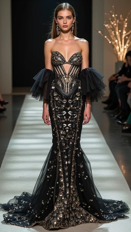 Gothic art gorgeous dress,(international fashion week fashion show performance),beautiful model,,Dream,Use the Glow Photography Style,
collar,reveal without revealing,curve,纵向thin and long,Gorgeous,Black色丝绒,fit and tight,Acute triangle,straight line,streamline,Black,red navy,dark,lace,net,PVC,eraser,leather,lace,badge,roses,thin and long,华丽curve,Religious elements。reveal without revealing,sharp corner shape,
background:Medieval castle style interior catwalk design