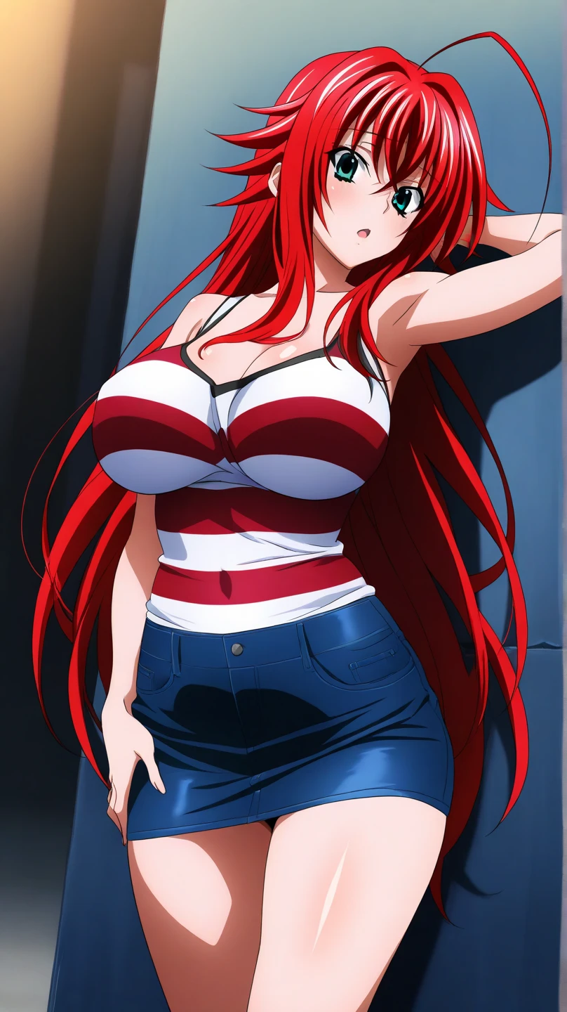Highschool dxd, Rias Gremory, 1girl, (((bimbo))), puffy lips, Blue eyes, Long red hair, painted lips, thick lips, wide hips, thick thighs, big natural breast, huge ass, erotic, Smile face, enormous natural breasts, blue jeans, undressing bra bouncing breasts,