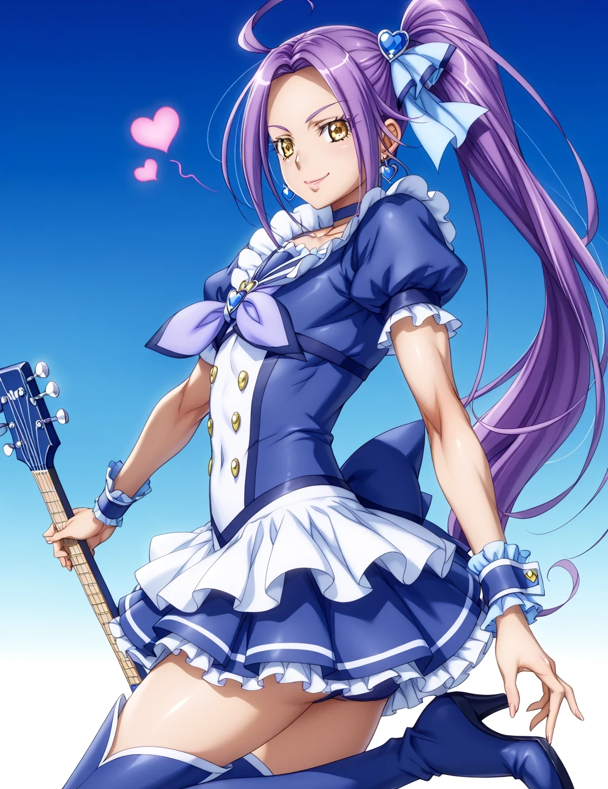 score core 8 up、score 7 up、source anime、傑作、best quality、best resolution、best image quality、Very detailed face、Very detailed eyes、Extremely detailed、anime coloring、1boy、cure beat is a male、(male:1.5)、male character is wearing a navy blue dress、solo、purple hair、side ponytail hair、high ponytail hair、very long hair、parted bangs、アホ毛、yellow eyes、睫毛、shiny hair、 hair pin、hair bow、earrings、navy blue dress、frilled dress、long legs、covered pectoralis major、navy blue puffy short sleeves、frilled sleeves、bare thighs、navy blue mini skirt、frilled skirt、layered skirt、white mini skirt under the navy blue mini skirt、purple panty、wrist cuffs、purple neckwear、purple choker、jewelry、heart ブローチ、purple  under the white mini skirt、I can see purple panty、showing purple panty、navy blue legwear、navy blue thigh high boots、navy blue footwear、knee boots、heel boots、sparking magical boy、sexy atmosphere、cool atmosphere、ultra mega super hyper sexy、(manly:1.5)、!!Full body portrait!!、wrist cuffs、biceps、biceps long head、biceps short head、triceps、triceps medial head、triceps lateral head、triceps long head、brachioradialis、covered trapezius、deltoids、covered deltoids、thigh muscles、covered semitendinosus muscles、covered hamstrings、covered adductor magnus muscles、cool smile、sexy smile、magical boy style、sexy male、lewd male、magical aura、cool beautiful、cool sexy、tall boy、perfect body、perfect hands、perfect arms、perfect legs、男性の焦点、looking at viewer、solo focus、cure beat outfit、cowboy shot、(male body:1.5)、beefcake style、(manly face:1.5)、navy blue background、pastel purple background、gradient background、two tone background、multicolored background、love guitar rod 、holding instrument 、playing instrumentsoul 、soul rod 、holding wand 、