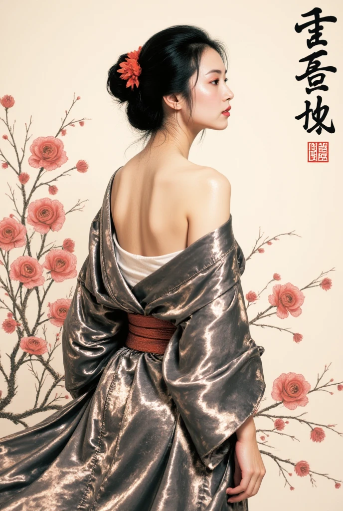 Masterpiece, amazing detail, calligraphy art, calligraphy, modern art, color ink, the real female back, natural skin, surreal, fashion photography, high resolution, covered legs