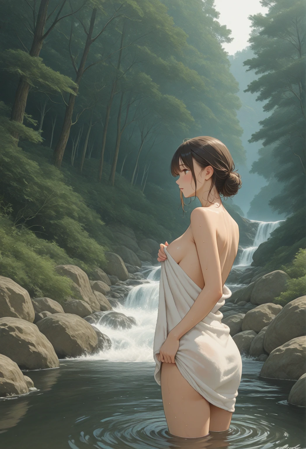 ((aeolian)), 1 girl, beautiful face, Princess, ((naked)), full body view, very long loose black hair, no underwear, slim body, long legs, shiny skin, forest landscape, bare feet