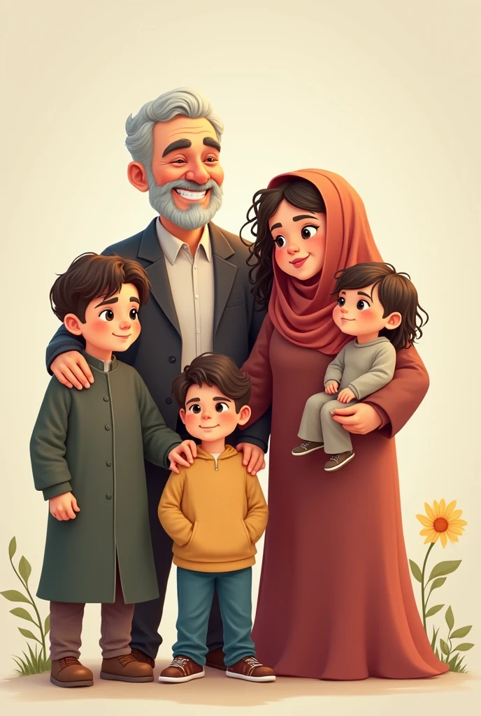 An anime avatar family photo of a Bangladeshi family fat mother hijabi and wearing abhaya 50 years old , daughter 19 years old 50kg brown skin wearing glasses and hijab, elder son is 21 years old wears glasses ,jeans, t-shirt no Beard, youngest son is  wearing panjabi and tupi, father is 65 years old with white Beard and wearing panjabi and tupi,plain background 

