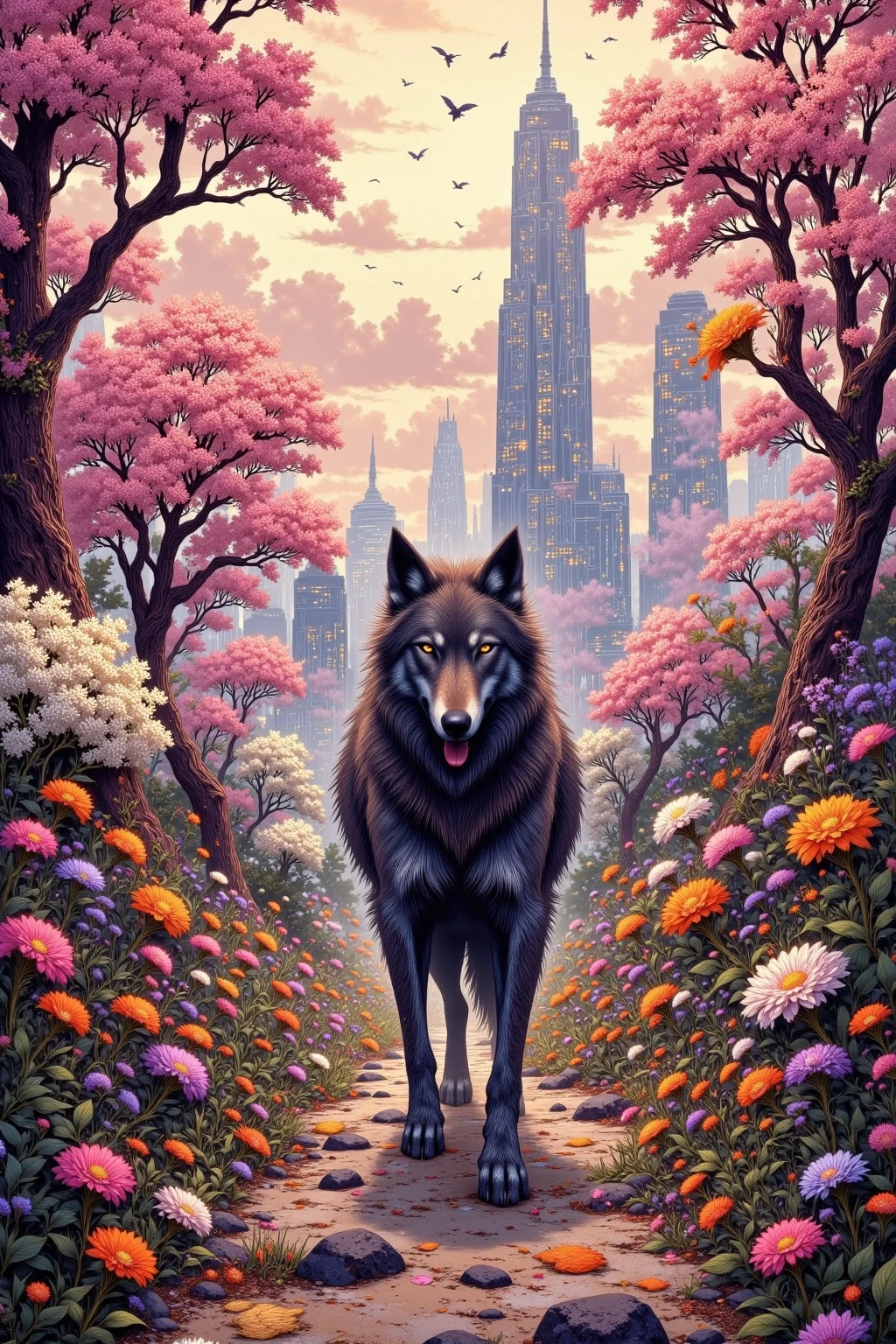 dusk of a city lined with skyscrapers、A werewolf dog walks leisurely along a straight path decorated with flowers。Petals dance on the street、The colors are pop and fantastic。The sky has a pink and orange gradation、pale light shines into the wolf dog's coat。The buildings in the background are drawn slightly abstractly、and a strange atmosphere like a fusion of city and nature。The whole thing is a poetic illustration style。