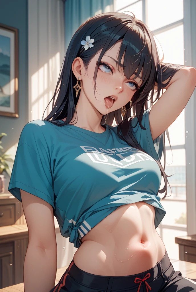 (Best quality, 8k, 32k, Masterpiece, UHD,:1.2), RAW, human, 1girl,ultra cute , ultra cute, natural lighting, transparent shining eyes, 20yo, medium breast ,femur, fair complexion , flushed face, (gray dolphin shorts), at room, (gray sports bra), near windows,, shiny, From Behind