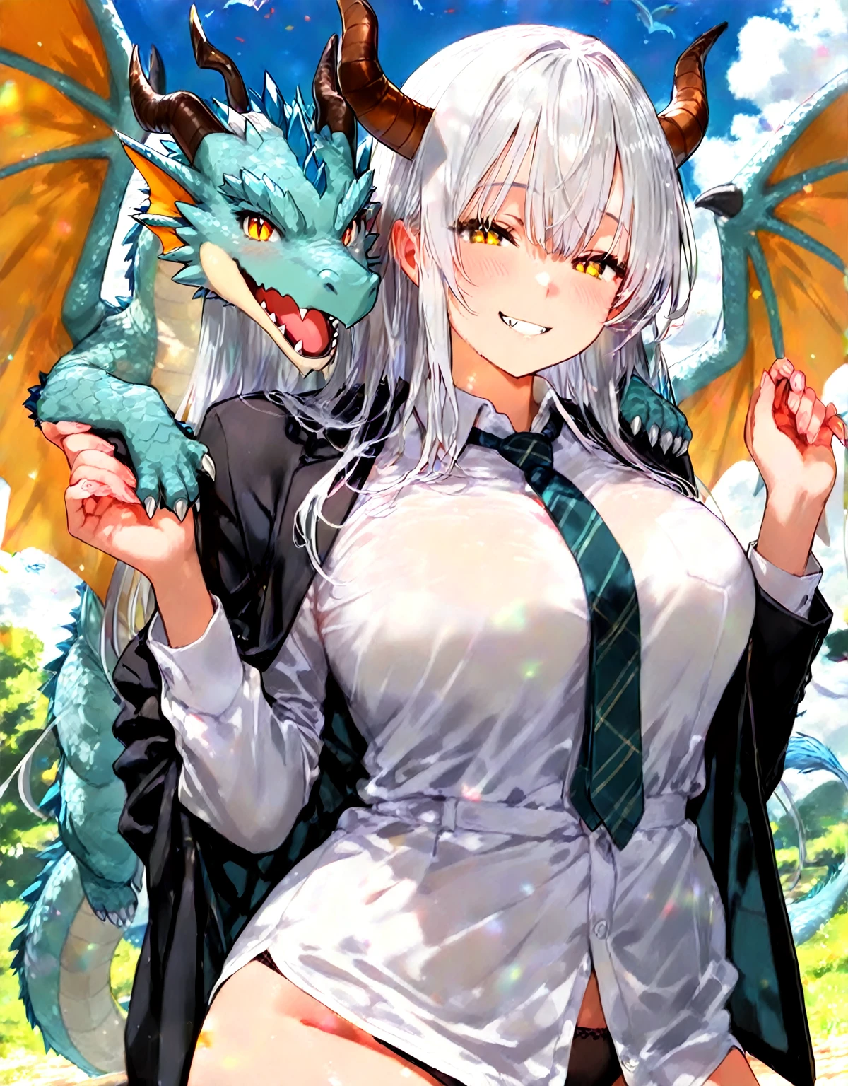 sucking dick, blowjob, 1 dragon girl, open mouth, saliva, drooling, wet, cum on mouth, cum on tongue, cum on face, big boobs, big ass, big thighs, blush, crossed-eyes, front view, looking at the viewer, milf, ahegao, rolling eyes, tongue,