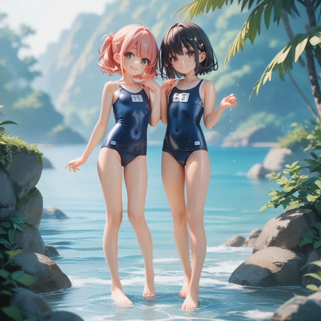 very cute and beautiful girl,Baby Face，10 years old，Very short stature: 1.3，Flat Chest: 1.4，Very thin thighs: 1.3，(Very beautiful face and eyes),(Blue school swimsuit), Sitting,Spread your legs,Place your arms behind your back,Show Viewer,Poolside,Meadow flowers,(smile),Black Hair, (highest quality,masterpiece:1.0),Absurd,High resolution,Very detailed,Very detailed,32k, Movie Scenes,Detailed Background,alone,Dynamic Angle, Hair blowing in the wind,Beautifully detailed skies,