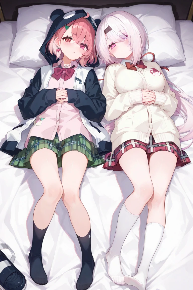 black jacket, open clothes, long sleeves, white skirt, pleated skirt, books lying around, expressionless, bedroom, cream hair, tall, tights, slim, glasses, hair ornament, pink ribbon, looking at viewer, medium hair, lying on back, arms up, on bed