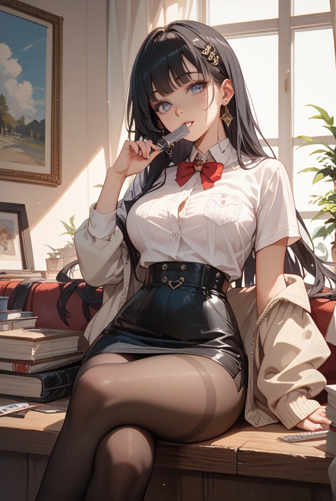 (cowboy shooting:1.3),(最OK质量), ((masterpiece)), (high resolution), illustration, The original, Very detailed,Debger,1 girl, (Miyu Edelfeldt),Change,camel toe,black hair,brown eyes,Poker , pantyhose, long hair, shirt, no shoes, legs crossed, sitting, Cat, plant, brown eyes, alone, underwear, indoors, bow, Bookshelf, potted plant, OK, breast, bowtie, white shirt, looking at the audience, black hair, black pantyhose, Chair, Smile, wooden floor, dress shirt, no pants, thighband pantyhose, armChair, lamp, long sleeves, spark, black OK, collared shirt, split, Bangs, small breasts,bench,