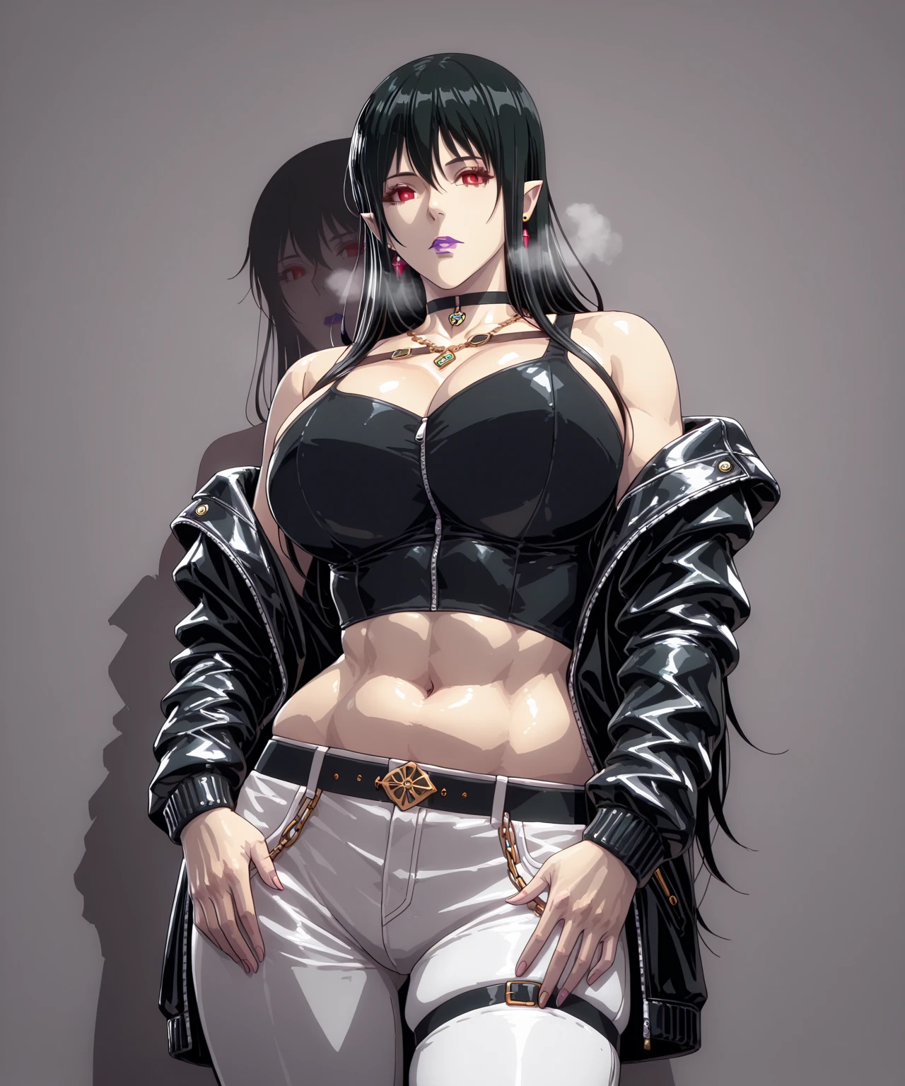 (Cirenk-style:1.2), (tanabe_(studio_tiamat)-style:1.2), ((anatomical correct)), ((Cinematic, unreal engine, eye-catching, ambient occlusion, UHD, masterpiece)), ((perfect lighting, soft shadow)), perfect body, perfect eyes, perfect fingers, gasping, heavy breathing, gasping profusely, ((skindentation)), ((curvy)), enigma, vampire, long hair, ((black hair)), hair between eyes, red eyes, pale skin, purple lips, lipstick, pointy ears, big breasts, plump, 1girl, solo, jacket, navel, pants, midriff, jewelry, looking_at_viewer, choker, necklace, grey_background, crop_top, hands_in_pockets, simple_background, black_jacket, chain_necklace, black_choker, off_shoulder, earrings, open_jacket, cowboy_shot, white_pants, shirt, black_shirt, lips, open_clothes, tank_top, parted lips, wide eyes, (expressionless),