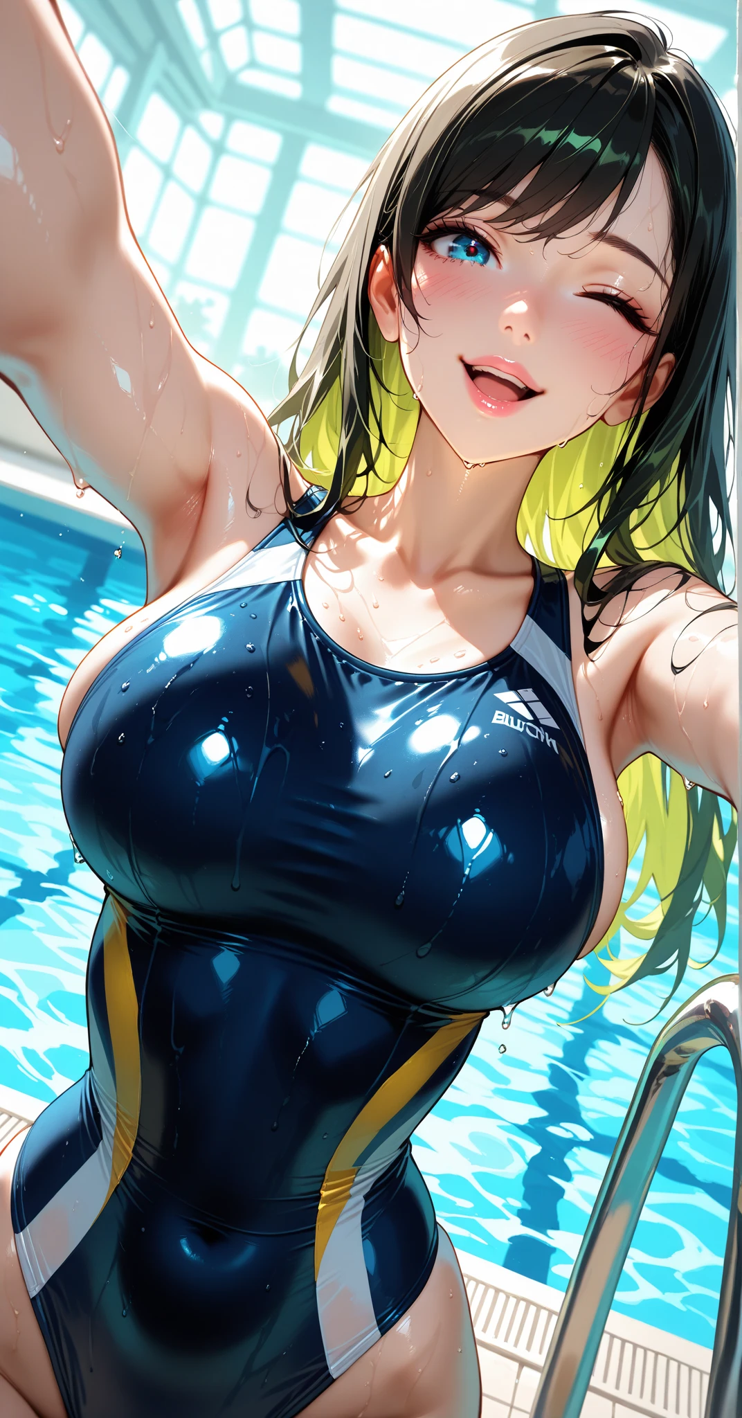 (masterpiece,最high quality,Ultra-high resolution),Japanese women, (((Very beautiful 17 year old girl))), photorealistic,2 young girl,mature_female,22_years_old,ponytail,kneeling,happy_smaile,small breast,Medium shot,professional_lighting,outdoor,(spread legs:0.7),arenared,swimming pool,Looking girl、Look at the photographer、 ((Beautiful low ponytail)), とってもCute Face, Glossy Lips, 両目のdouble eyelid,Natural smile、 Natural Makeup, Long eyelashes, Shiny and smooth hair、Center image, Perfect limbs, Perfect Anatomy,(((Navy school swimsuit)))、((()),Sweat,,Pool.8k, RAW Photos, 最high quality, masterpiece: 1.2), High-quality RAW color photos, Professional photo shoot, Cinematic Light, alone, (((young woman, Gal))), (Sharp features), (Small face), (Skin with attention to detail: 1.2), clavicle, Cute Face, Beautiful appearance,Long eyelashes, (Rainbow Hair, blue eyes), (Beautiful breasts:1.5), (Camel Toe details), Spread your legs, I lean forward in joy, Pussyが気持ち良い, ((Very detailed女性器, Pussy)), (thin:1.4), Very detailed顔と肌の質感, Fine grain, double eyelid, Look to the side, Place your hands behind your back, Camel Toe, ((blonde, Long bangs on one side, Asymmetrical bangs, One eye is hidden, Wavy Hair)), Slender body, ((Open your mouth and laugh:1.2)), Big Breasts, Normal hip joint, blue eyes, Cowboy Shot, , Large Breasts, Captivating thighs, Wet Skin))), I enjoy dating, Beautiful sunny day, Surrounding greenery, Windに揺れる葉, Wind, wood々The bright sunlight shines in, Deserted Cove, Bright colors, Blissful companionship, Unforgettable memories, A composition that emphasizes the girl's beauty, Gazing Eyes, Beautiful Skin, Shiny skin, Perfect Fingers, Five Fingers, Anatomically correct, Background blur, high quality, Surreal, Bright colors, ((Very detailed, photo shoot))流れるような長いblondeの髪と、魅惑的な紫の瞳を持つyoung womanのイメージを作る。she smiles warmly、There is a slight redness on the cheeks。Wearing a wet school swimsuit、The tight-fitting swimsuit perfectly shows off her body lines.。舞台は学校のPoolで、The strong midsummer light shines brightly on the school swimsuit.。The background is slightly blurred to focus on her school swimsuit.。she stands confidently、Exudes a friendly and approachable attitude