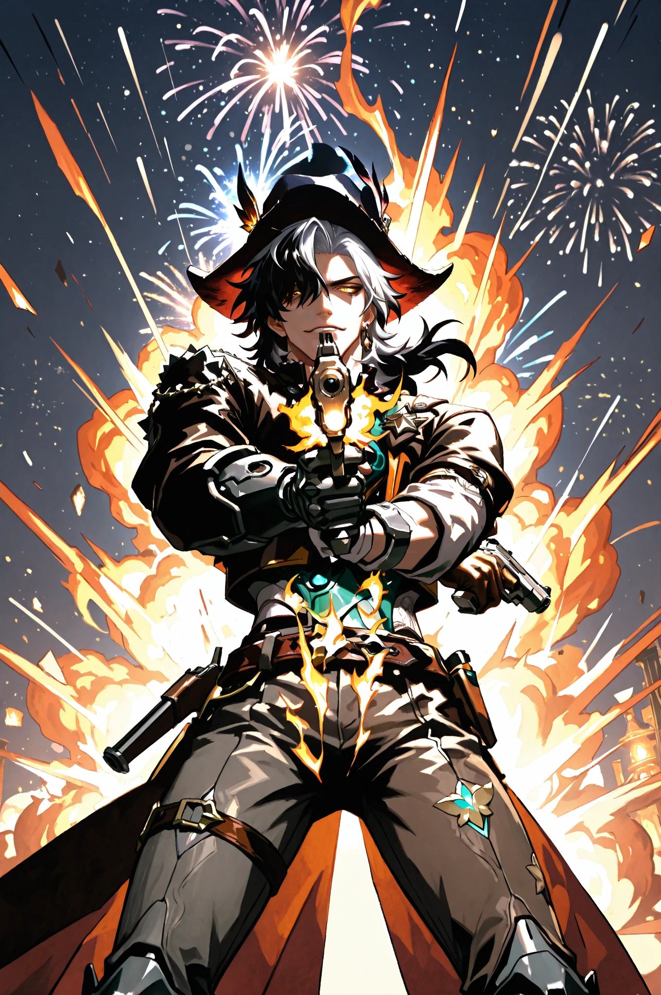 bishounen,tsurime, fire, fireworks, night,mid-thigh shot, front view, low angle,  heroic angle, one young man, ((Boothill from Honkai Star Rail: 1.5)), stylish gunman, exaggerated pose, dramatic composition, semi-realistic anime style, shoulder-length silver hair, Black hair on the left front half, hair blowing in the wind, sharp golden eyes, cool and handsome, cowboy hat, Man's waist, dual-wielding pistols, ((left arm is a cybernetic prosthetic)), arms crossed in front of chest holding guns, standing with legs spread wide, fearless and bold, smirking provocatively, dark color tone, background of a massive explosion, cinematic fire and debris, highly detailed and vivid explosion effects, dynamic lighting from the blast illuminating Boothill from behind, lens flare, rim light, 
masterpiece, best quality, high detail, 