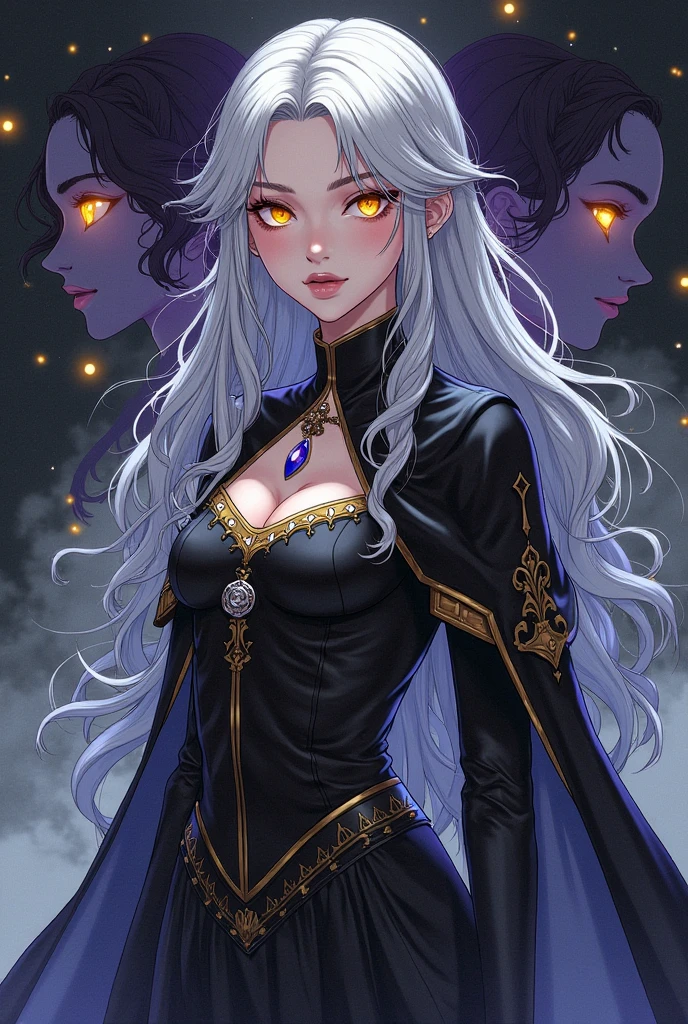 official arts, 8k unity wallpaper, ultra-detailed, beautiful and aesthetically pleasing, masterpiece, best quality, (fractal art: 1.3),female, 1 girl, magic woman, purple eyes, misterious smile, tall woman, very muscular, serious and and angry face, wavy messy white hair, black dress, shrouded in darkness, moving your hands creating a bluish aura that lights up your face