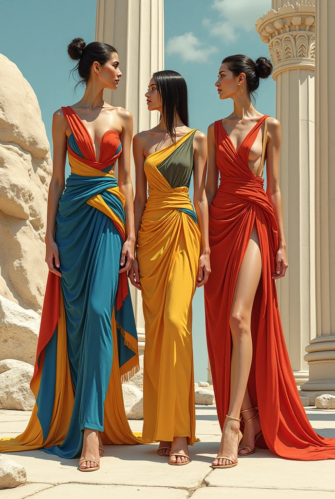 ((Paletteknife Oil painted harmonic colors)), ((Three female Latina and Greek goddess gown)), ((Full body)), ((Random Dynamic Poses)), (((women's , short hair or hairless))), stunning face ,((Random dress tribal clothes)), (((tribal artifacts))), ((tribal oil painting in body)), Hard storming and wind effects, Paul Klee style, surreal masterpiece, octane rendering, focus, colorful oil painted background, detailed, intricate details, rich colors, barefoot, Randon skin