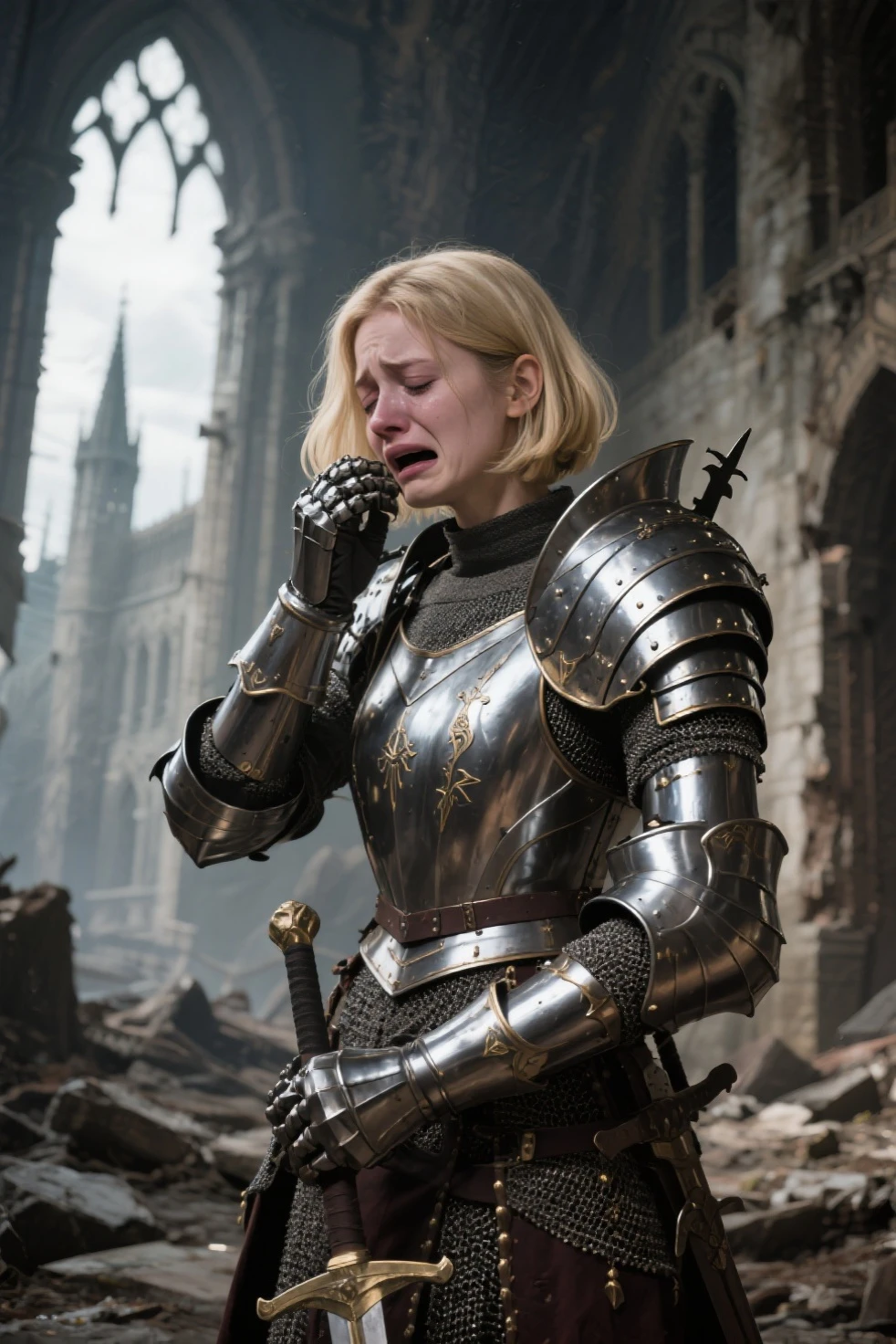 {best quality}, {very aesthetic}, {ultra-detailed}, {best illustration}, nsfw, girl, ((man, penis, fellatio, irrumatio, sobbing)), tears, open one eye wide, close another eye , drool,(((Semen on face))),(Showing nipples)、((Painful face))、Red cheeks、((Tear bags、(armor)))、((Put your arms behind your head))、Small breasts