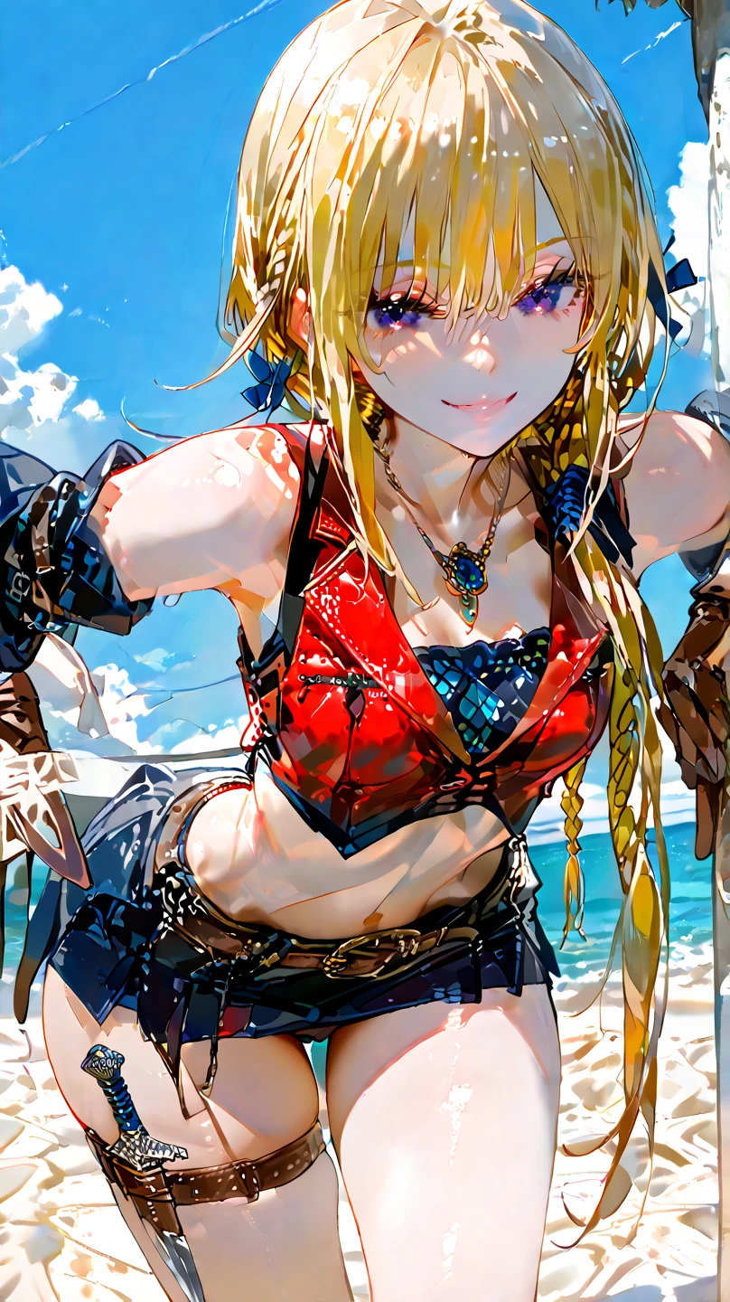 ryza, Klaudia, in swimsuits, hugging, close friendship, beach setting, (masterpiece: 2), best quality, ultra highres, original, extremely detailed, perfect lighting, (anime style), (vibrant colors), (soft sunlight), (detailed water), (happy expressions), (splashing water), (summer atmosphere), (warm colors), (detailed costumes), (clear blue sky), (gentle waves), (playful mood)