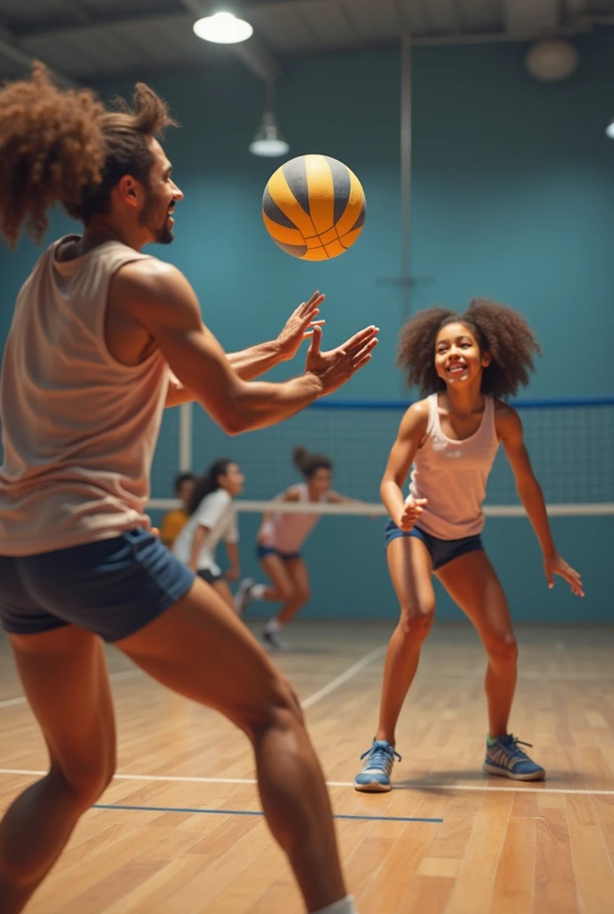 A boy playing volleyball with a girl on an indoor court 