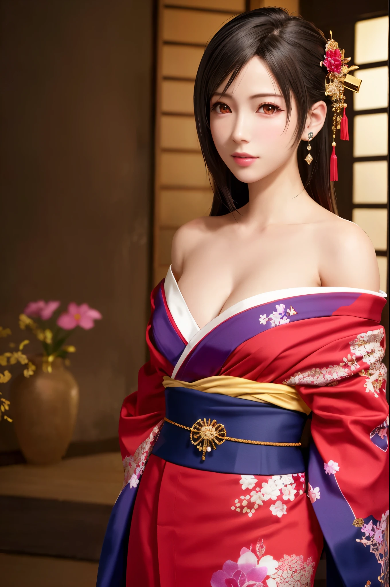 ((Highest quality、Tabletop、8k、Best image quality、Extremely intricate and detailed))、1 prostitute、Floral costume、Oiran kimono、An exact replica of a prostitute's kimono、Gorgeous courtesan kimono、(Blonde、Beautiful blonde、Blondeウェーブヘア、elegant wavy hair、Color Contact Lenses)、The background is the entertainment district、Guo You、Custom Street、Smiling for the camera、Photo from the waist up、Elegant standing posture、Elegant and noble、Recreating the perfect red light district details、1 photo、Perfect Anatomy、Perfect Fingers、Night Sex District、night excursion、Midnight、Cloudy、Lantern Light、Red lipstick、Long eyelashes、Perfect Makeup、Dark Night、Naked and wearing only a kimono、Detailed face